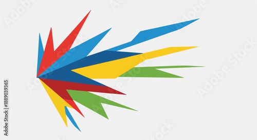Abstract explosion of colorful geometric shapes radiating from a central point, representing dynamism and creativity
