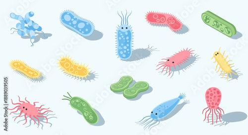 Diverse microscopic bacteria and viruses illustration on a light blue background