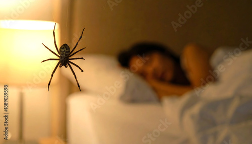 Hairy spider in sharp focus against a cozy, dimly lit bedroom with a sleeping person. Eerie nighttime encounter with a house spider crawling near a bed in warm lamp light.