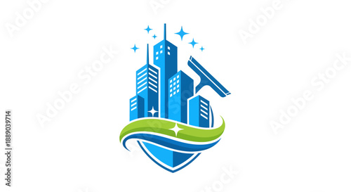 Modern city skyline with cleaning squeegee and sparkling elements.