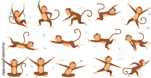 Cute Cartoon Monkey Vector Illustration Set with Funny Primate Characters in Playful Poses for Jungle Wildlife Kids and Animal Designs