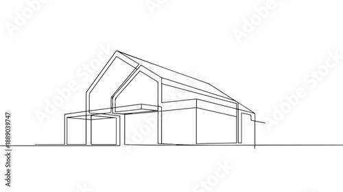 A minimalist black and white artistic illustration of a modern architectural house design, depicting a contemporary dwelling in abstract line art