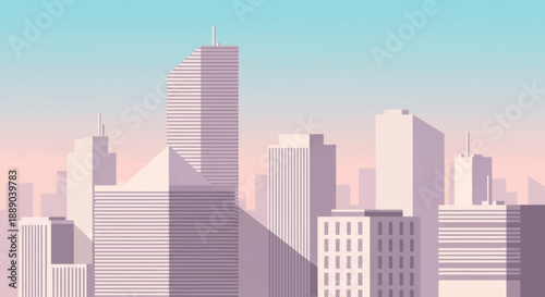 Modern city skyline with tall buildings against a clear blue and pink sky, urban landscape illustration.