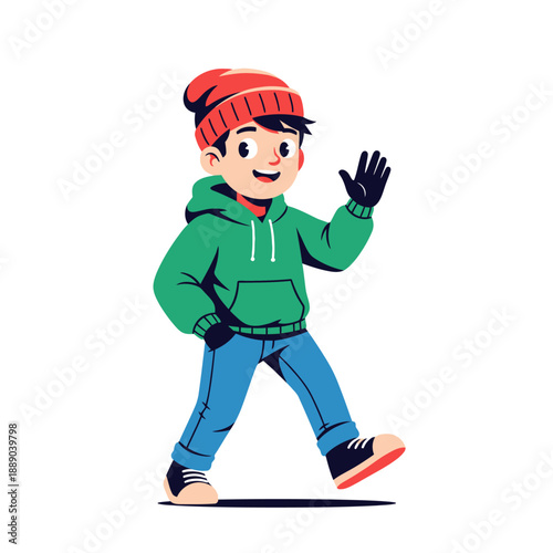Happy cartoon boy in winter clothes waving hello, walking cheerfully