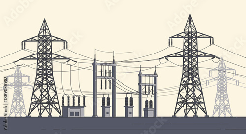Powerful Electrical Power Lines and Transmission Towers in an Open Landscape in Bright Studio