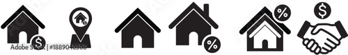 Real estate house icon set showing property, location, deal, and contract icons. House symbol. Set of real estate objects and houses black icons isolated on white. Simple house symbol. Flat real estat