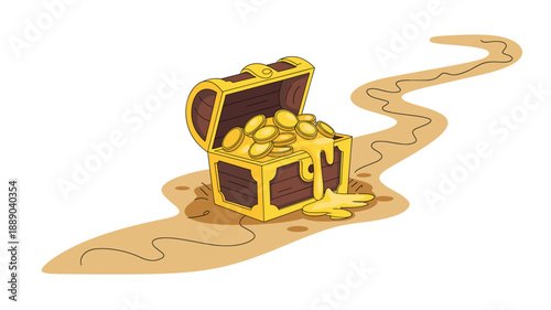 A treasure chest overflowing with gold coins on a sandy beach