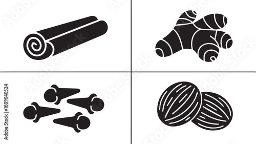 Monochromatic graphic of essential culinary spices cinnamon, ginger, cloves, and nutmeg. Ideal for cooking, baking, and enhancing healthy food recipes