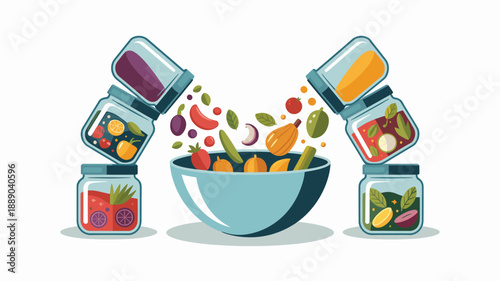 A colorful vector illustration of a bowl surrounded by jars of fruits and vegetables.