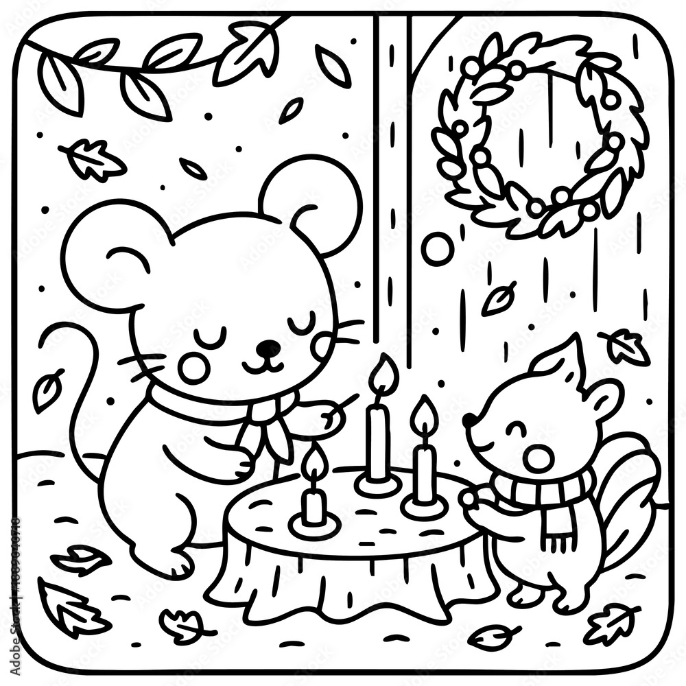 Fototapeta premium A cute mouse and squirrel gather around a table with candles, celebrating in a cozy, autumn-themed setting with falling leaves and a festive wreath.