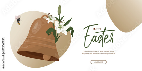 Happy easter banner concept. Happy Easter Bell With Lily and Bee. Ideal for holiday cards and banners. Sustainable easter concept. Corporate sustainability. Flat design. Vector illustration