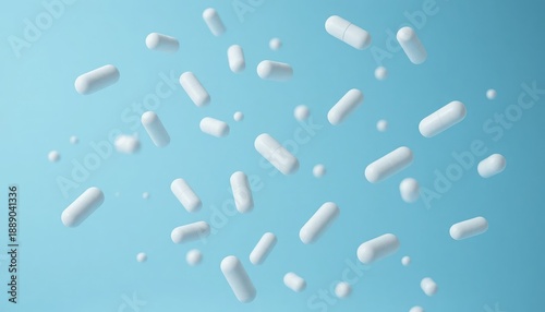 White capsules and small spheres floating on blue background