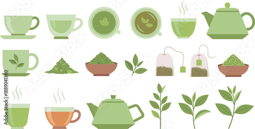 Green Tea Cup and Teapot Vector Illustration Set with Matcha Powder, Tea Leaves, and Herbal Drink Elements for Healthy Lifestyle Designs