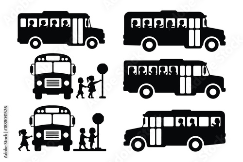 Black and white school bus with children and passengers
