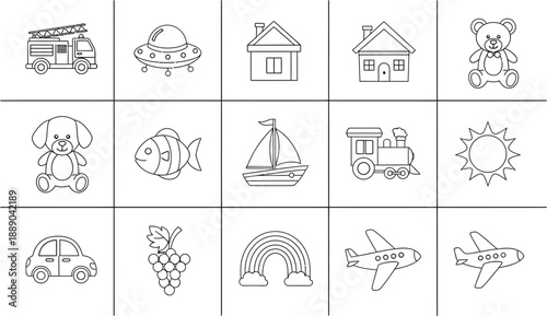 A set of 12 black and white line drawings of various objects isolated on transparent background