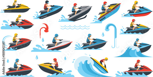 Jet Ski Rider Action Vector Set with Colorful Water Splash Waves and Ocean Adventure Elements for Summer Marine Sports and Recreation Designs