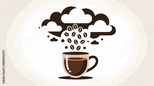 A minimalist vector illustration of a coffee cup with steam and coffee beans rising from it