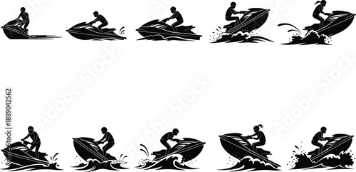 Jet Ski Silhouette Action Icon Set with Water Splash Effects for Extreme Sports, Summer Ocean Adventures, and Marine Activity Designs
