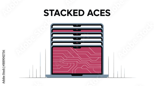 A vector graphic illustration of a laptop with a circuit board design on its screen, stacked with multiple identical laptops, representing technology and innovation.