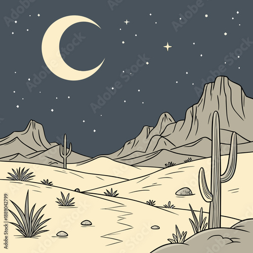 Desert night under crescent moon