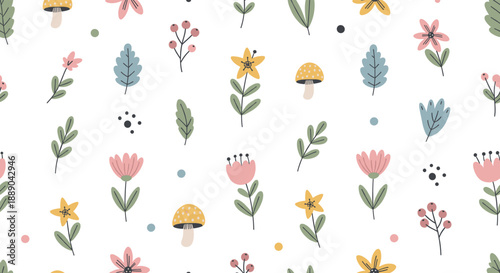 Seamless Floral Pattern Vector Background with Cute Wildflowers, Leaves, Mushrooms, and Botanical Elements for Spring Textile, Wallpaper, and Nursery Designs