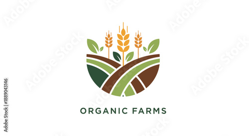 Organic Farms Logo with Wheat and Green Fields.