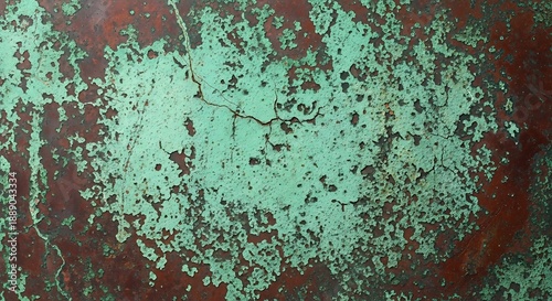 Aged green peeling paint texture on a cracked wall surface with a rustic brown background