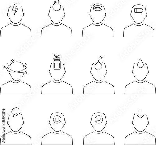 Stress, depression black silhouette Emotions line icons set isolated on white. Nervous breakdown, heaviness, neurasthenia pictograms collection. Frustration. Headache vector