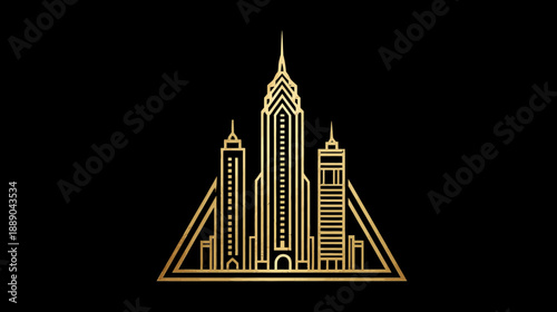 Golden Art Deco City Skyline Illustration. Modern Skyscrapers and Urban Buildings Outline on Black Background. Elegant Geometric Design