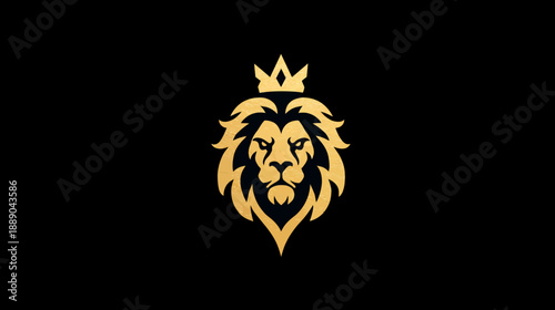Majestic Golden Lion Head Emblem with Royal Crown on Black Background, Symbolizing Strength, Leadership, and Power