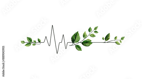 Heartbeat pulse line integrated with fresh green leaves and organic branches, symbolizing natural health, wellness, and environmental vitality. Eco-friendly concept.
