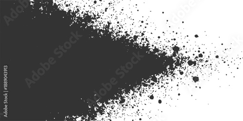 Abstract black and white grunge background with a splat of ink paint and a spray texture design featuring an artistic liquid stain splatter pattern in a dark vector illustration
