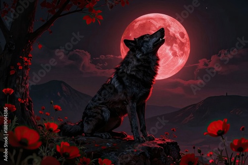 black wolf howling at blood moon
