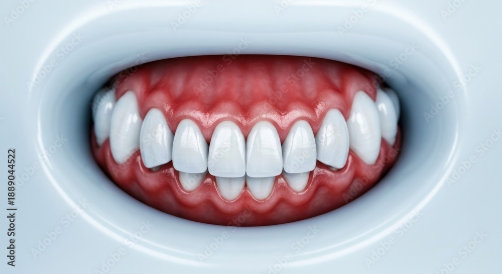 Fototapeta premium Up-close view of a mouth with straight, white teeth and red gums