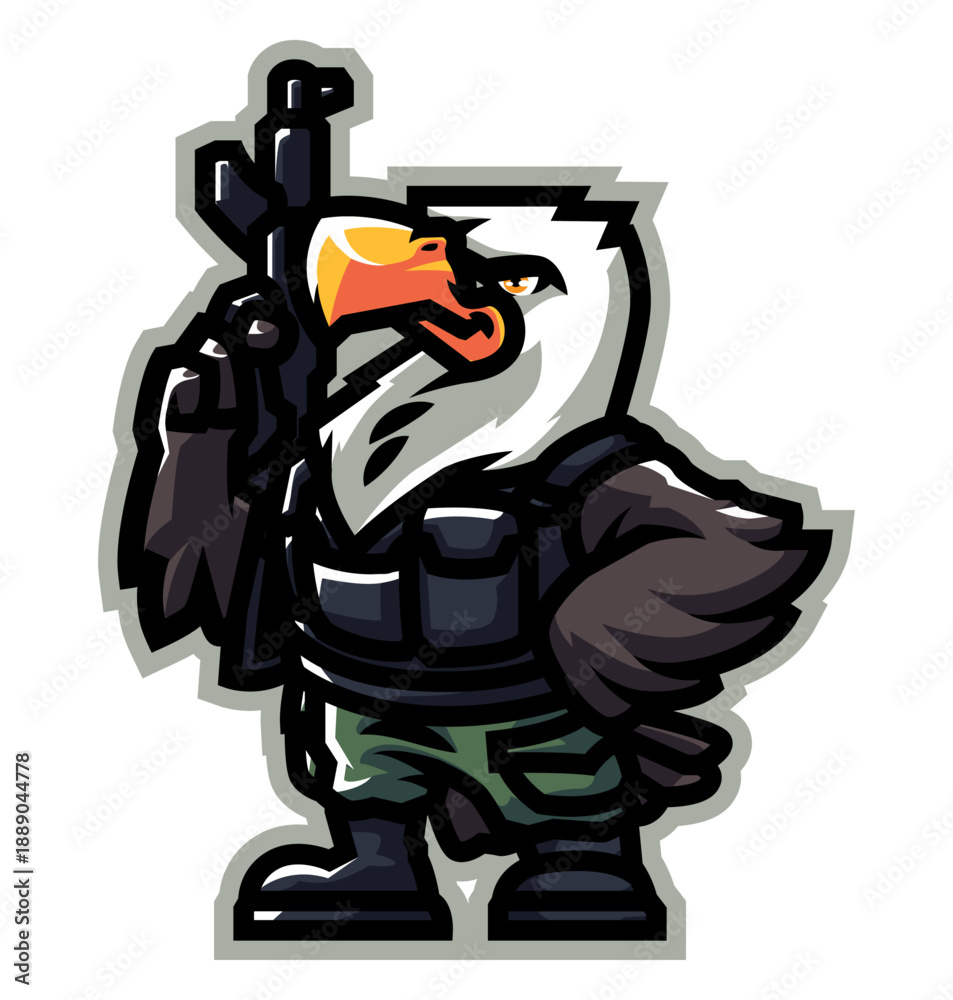 Fototapeta premium Eagle Warrior with Gun: A powerful and determined eagle warrior stands with a gun. This illustration conveys strength, precision, and preparedness.
