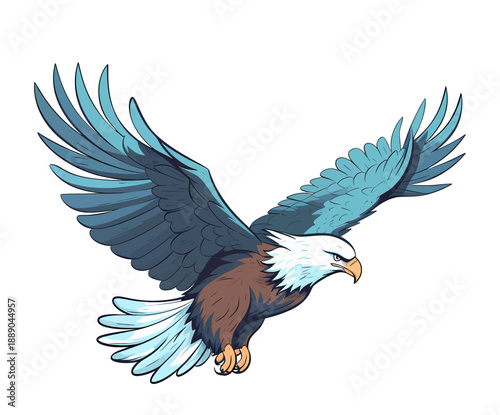 Majestic Eagle in Flight: A vibrant illustration depicts a majestic eagle soaring with grace. Its wings are wide, ready to conquer the open sky, a symbol of freedom and power.