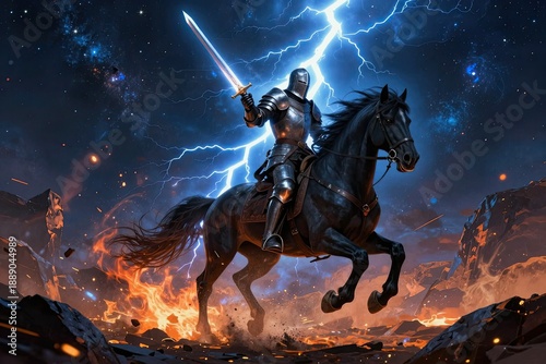 knight on horse with glowing sword during lightning
