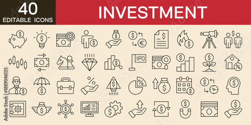 Investment icon set vector illustration with icons of Profit, Asset, Investor, Portfolio, Dividend, Capital, Risk, Inflation, strategy, cash flow, editable stroke line icons 