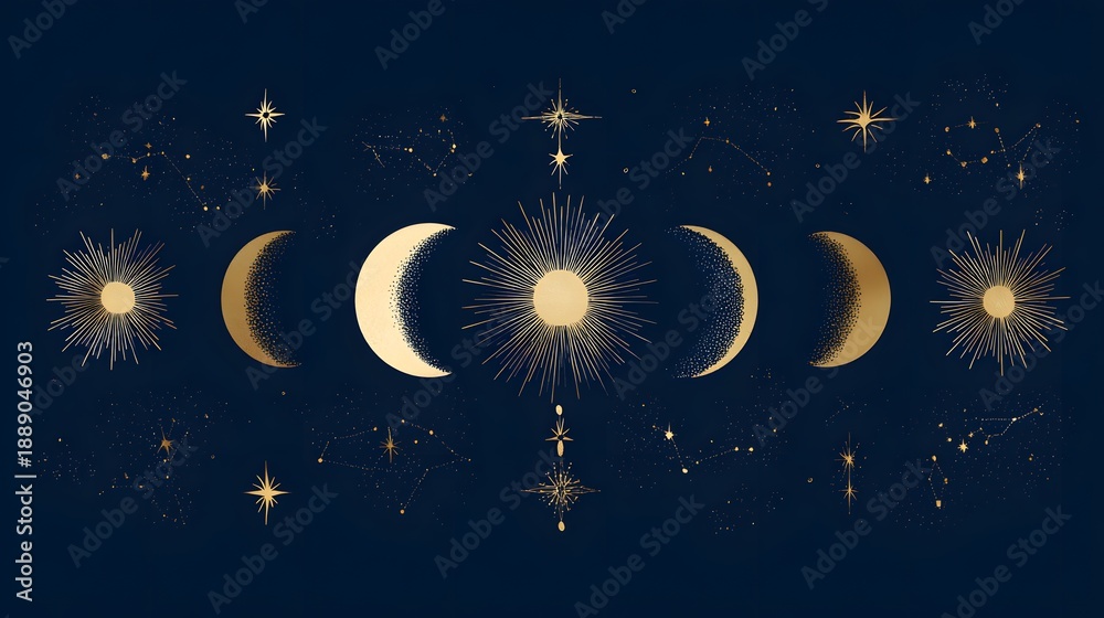 Fototapeta premium Celestial Moon Phases and Sun with Gold Stars on Navy Blue Background. Mystical Astrology Pattern