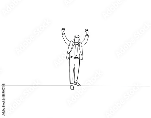 Continuous one line drawing of businessman raising hands up. One line drawing illustration of man raising hand. business success concept single line. Editable outline