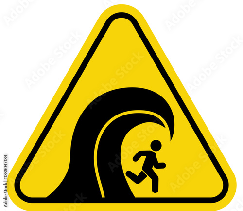 Tsunami warning sign with a person running from a large wave vector illustration for disaster alert and safety information