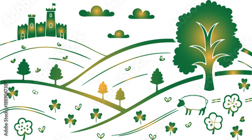 Stylized idyllic countryside landscape with a green castle on a hill fluffy clouds rolling hills trees shamrocks flowers and a sheep grazing peacefully on a white background