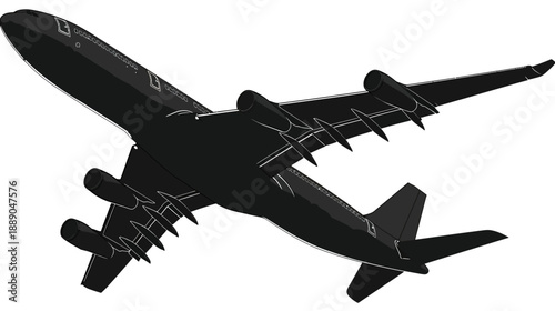 Black silhouette of a large commercial passenger jet airplane in flight, viewed from below. Modern graphic vector illustration for travel.