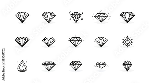 Elegant Set of Vector Diamond Icons, Minimalist Line Art Gem Collection, Various Brilliant Cuts and Shapes, Jewelry Symbols