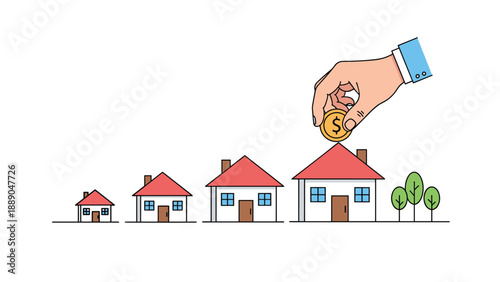 Hand placing dollar coin into house chimney represents real estate investment and property value growth over time.