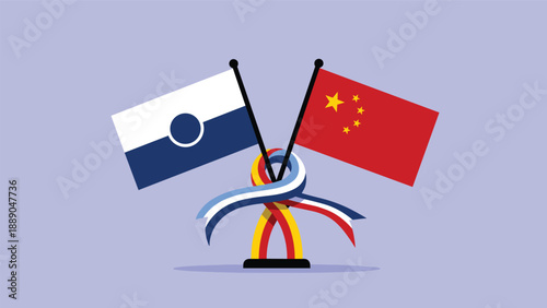 Diplomatic flags of Antarctic Treaty and China tied together with a ribbon symbolize international cooperation.