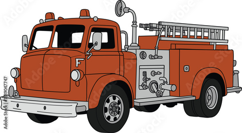 Vintage fire truck vector illustration with classic red design, firefighting vehicle side view, emergency rescue transport and retro equipment artwork for safety conceptVintage 