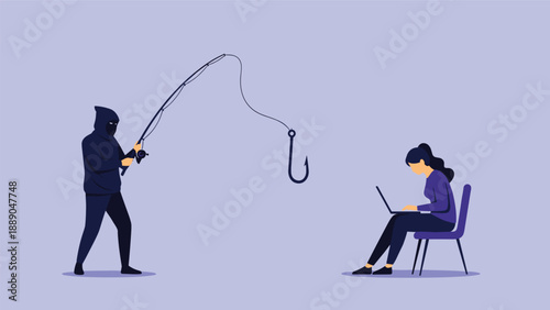 Cyber criminal using fishing rod hook to steal information from remote woman worker demonstrates online phishing threats.