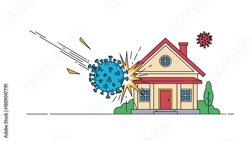 Large blue virus molecule crashes into a residential house like a meteor to represent the destructive impact of a pandemic on home life and families.