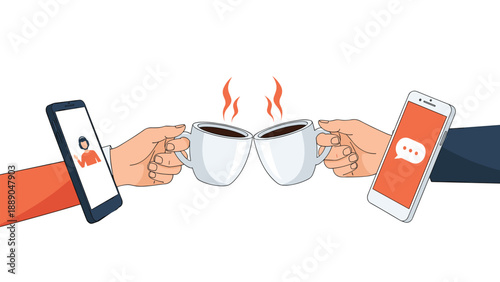 Two people holding coffee cups for a toast coming out of smartphone screens for a digital morning coffee break.
